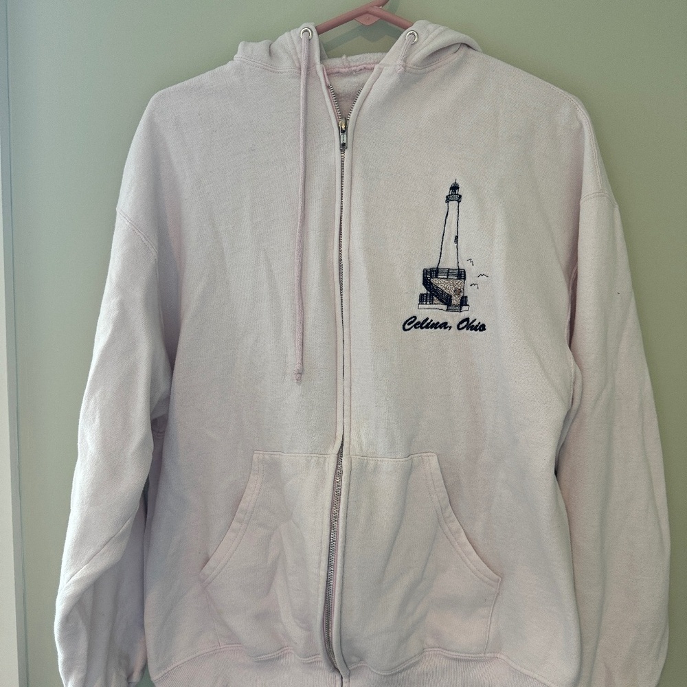 Vintage 80s Lighthouse pink zip up embroidered hoodie women’s M